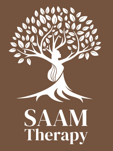 the logo for SAAM Therapy - a woman in the shape of a tree, with long flowing hair
